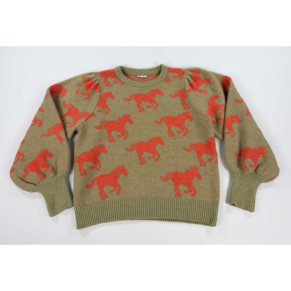 Jodifl Women's XL Tan Orange Horse Print Pullover Sweater Puff Sleeve Knit Top